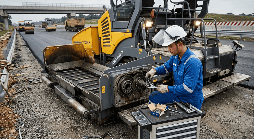 Teknisi PT Djaja Harapan Makmur mengganti bearing conveyor pada mesin asphalt paver Vögele di lokasi proyek pembangunan jalan tol untuk mencegah downtime.