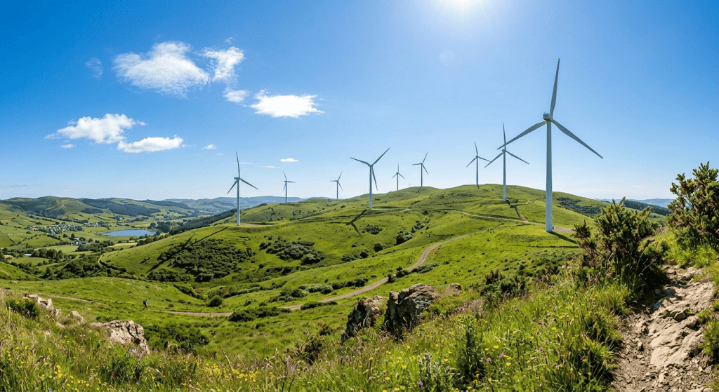 Pemandangan ladang turbin angin PLTB di perbukitan hijau Indonesia dengan langit biru cerah untuk energi bersih.