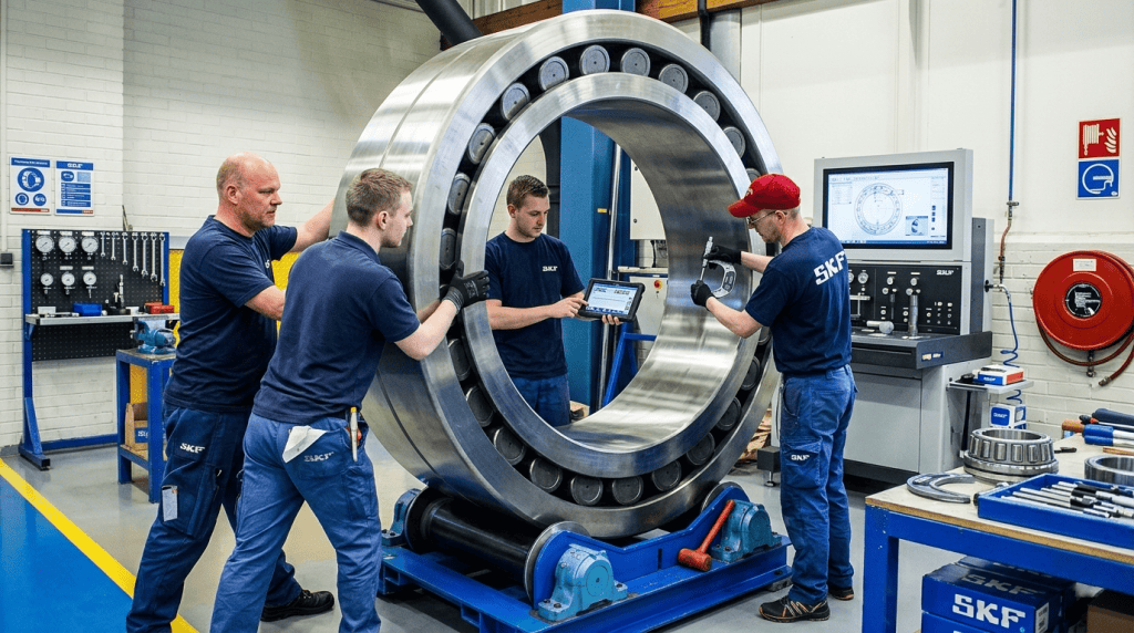 Tim teknisi ahli sedang melakukan pengujian kecepatan putar (rotational speed) pada bearing industri SKF berukuran besar menggunakan sensor presisi dan perangkat monitoring digital di bengkel teknis.