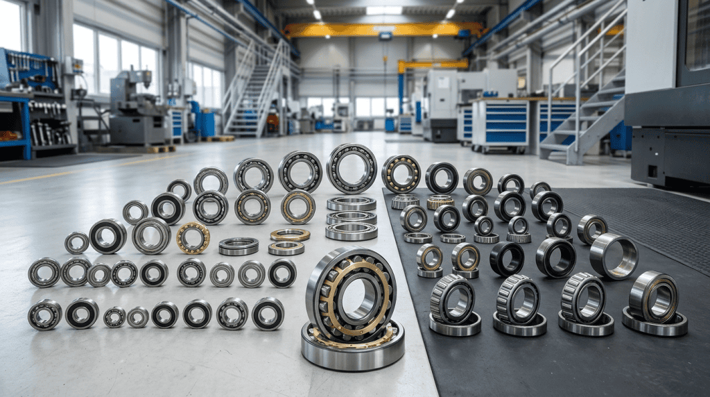 Berbagai jenis dan ukuran bearing industri, termasuk ball bearing dan roller bearing, yang disusun secara rapi di lantai bengkel manufaktur untuk pemilihan komponen proyek infrastruktur.