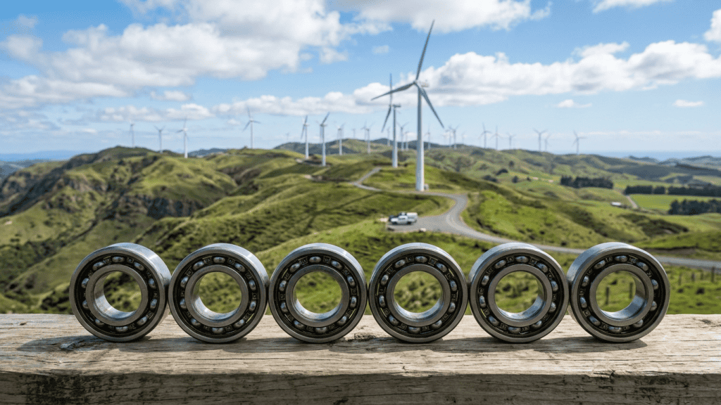Barisan ball bearing industri diletakkan berjejer dengan latar belakang ladang turbin angin, menggambarkan peran komponen kecil dalam sistem besar.