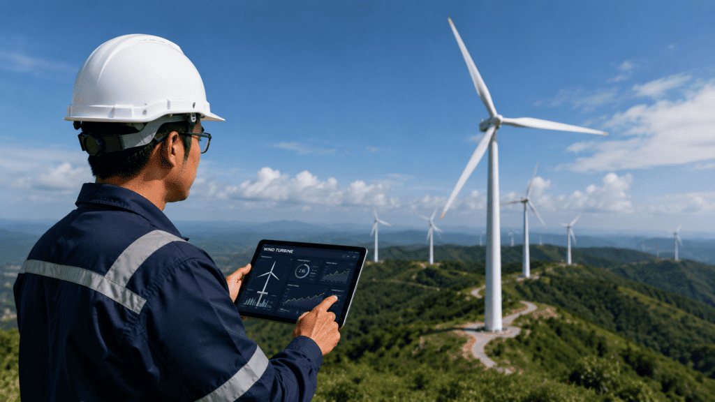 Teknisi memantau kinerja dan strategi maintenance turbin angin secara real-time lewat tablet digital