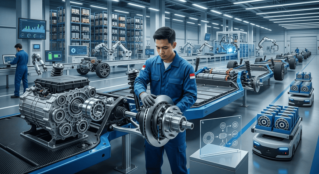 Teknisi memeriksa komponen drivetrain dan bearing mobil listrik di lini perakitan pabrik EV modern Djaja Harapan Group.