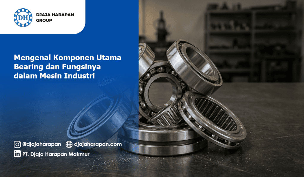 Berbagai jenis komponen bearing industri yang disusun di atas meja kerja.