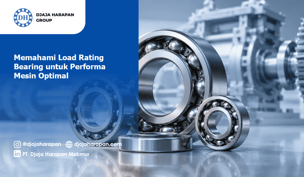 Ilustrasi teknis berbagai jenis bantalan bola (bearing) industri dengan teks Memahami Load Rating Bearing untuk Performa Mesin Optimal dari Djaja Harapan Group.