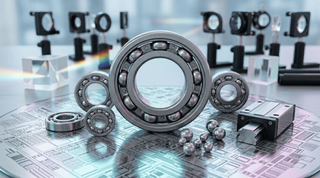 Komponen ball bearing atau bantalan bola baja dalam berbagai ukuran untuk mesin industri presisi tinggi