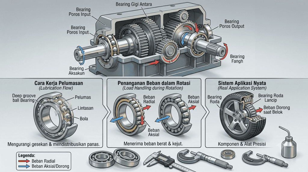 komponen bearing dalam gearbox, cara kerja pelumasan, penanganan beban radial aksial, dan aplikasi pada roda.