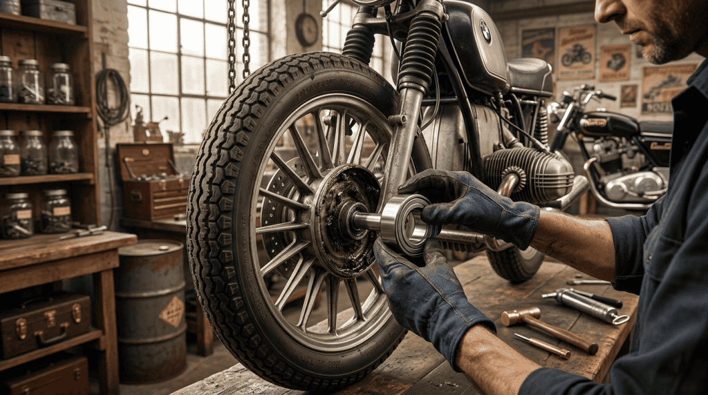 Mekanik menunjukkan komponen bearing roda depan pada sepeda motor klasik di bengkel.