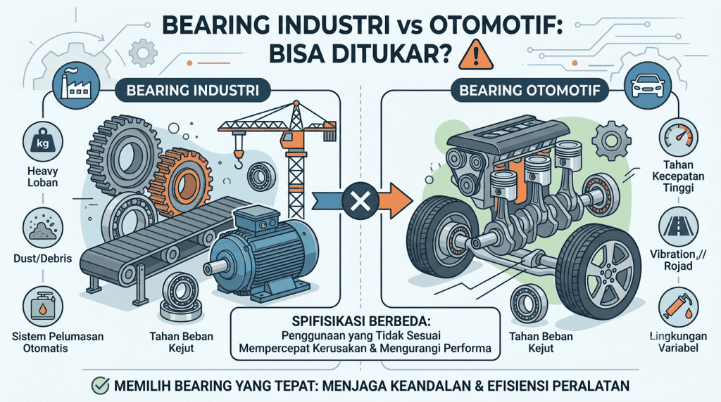 Infografis perbandingan Djaja Harapan Group tentang perbedaan bearing industri dan otomotif, menjelaskan mengapa spesifikasi bearing tidak bisa saling ditukar untuk mencegah kerusakan mesin.