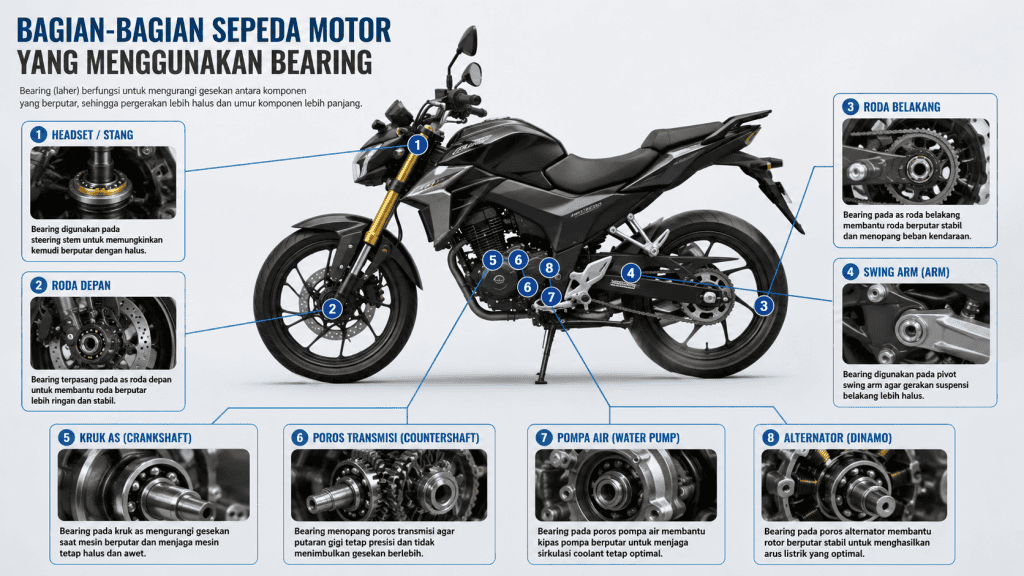 Infografis panduan bagian-bagian sepeda motor yang menggunakan bearing beserta fungsinya.