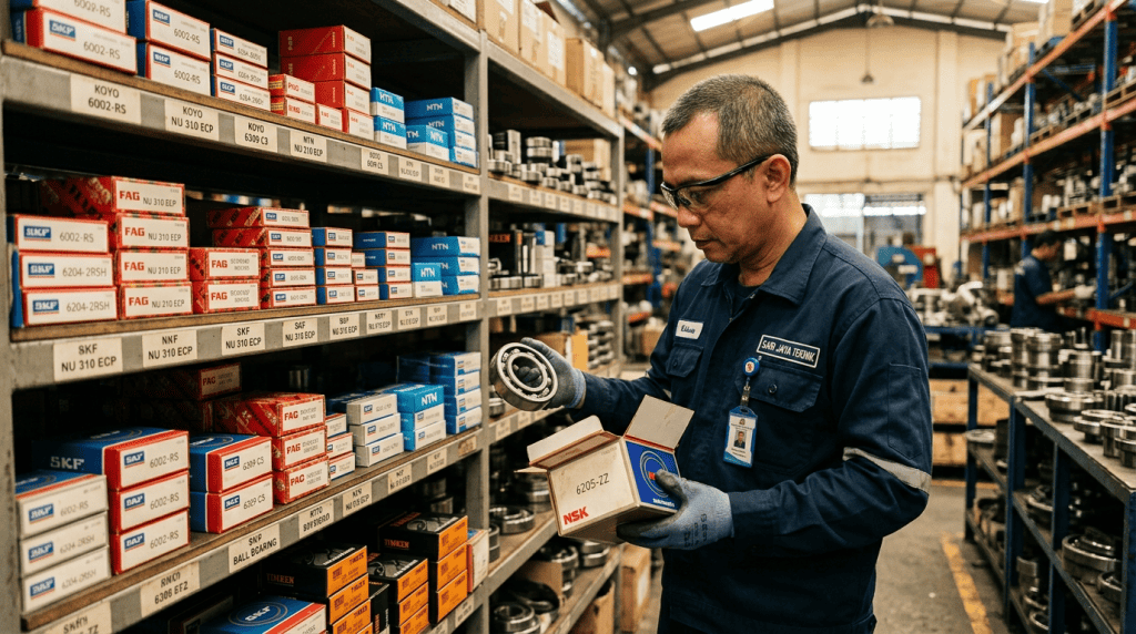 Staf gudang sedang memilih bearing yang tepat dari rak penyimpanan untuk kebutuhan suku cadang mesin industri.