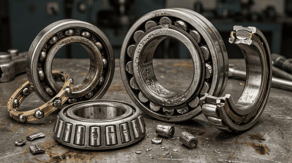 Kerusakan dini pada bearing industri akibat korosi, kelelahan material, dan pecahnya roller komponen mesin.