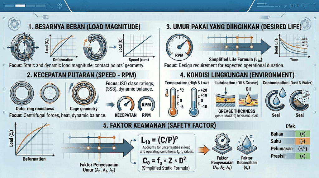 Infografis teknis dari Djaja Harapan Group merinci 5 faktor utama yang mempengaruhi pemilihan load rating bearing, yaitu besar beban, kecepatan putaran, umur pakai, kondisi lingkungan, dan faktor keamanan.