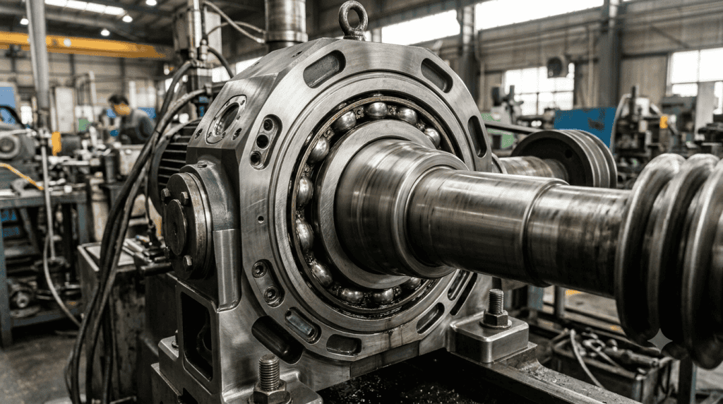 Bearing industri terpasang pada poros mesin manufaktur di lingkungan pabrik untuk menjaga kelancaran rotasi.