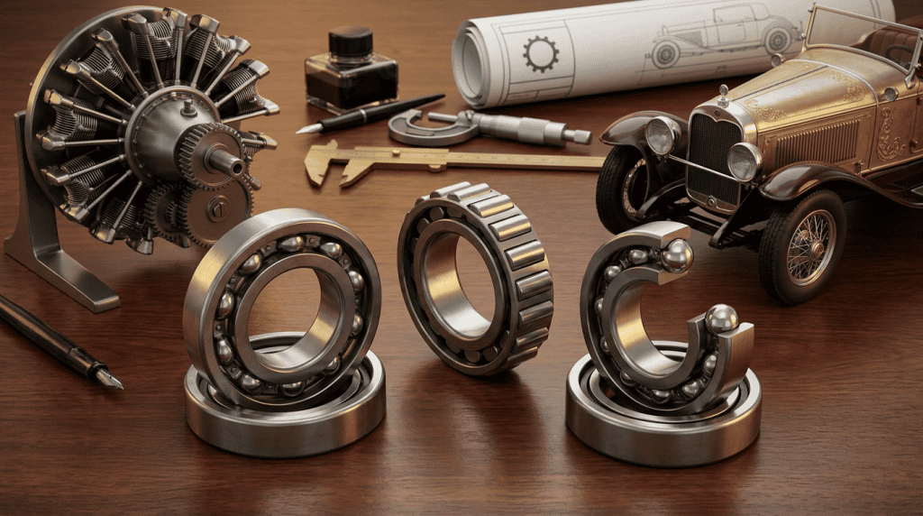 Inovasi teknologi bearing pada abad ke-20: Komponen presisi, mesin otomotif, dan alat teknik di atas meja kerja desain.