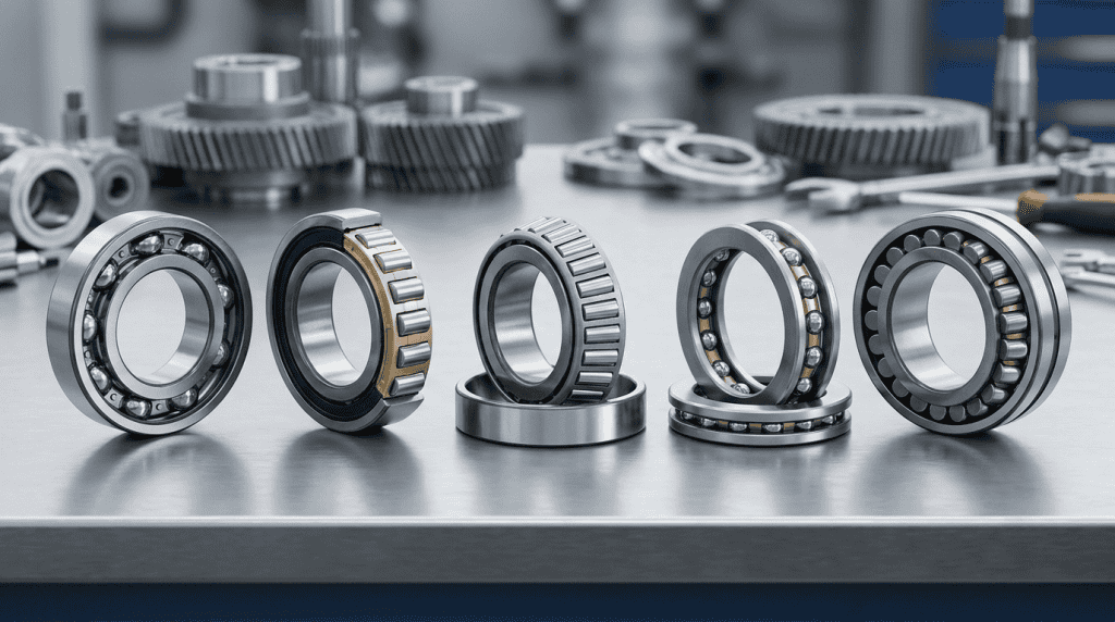 Lima jenis bearing industri berjejer di atas meja mekanik, termasuk ball bearing, cylindrical roller bearing, dan tapered roller bearing.
