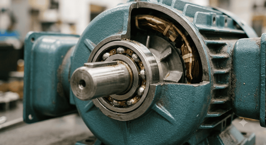 Pemasangan ball bearing pada poros motor listrik industri untuk mengurangi gesekan putaran
