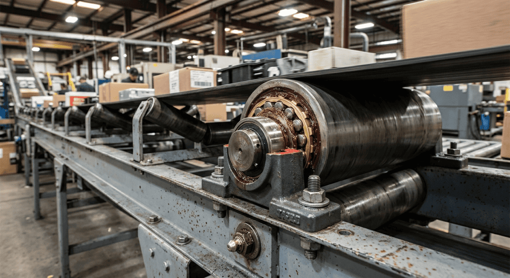 Pemasangan roller bearing dengan pelumas grease pada drum pulley sistem conveyor pabrik.