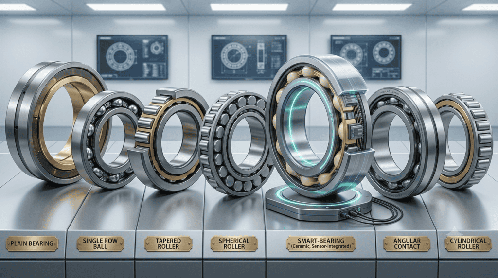 Berbagai jenis teknologi bearing modern termasuk smart bearing dengan sensor terintegrasi, bearing bola, dan bearing rol untuk aplikasi industri masa depan.