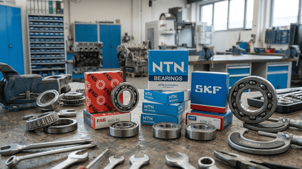 Berbagai tipe bearing original dan berkualitas tinggi di atas meja kerja mekanik bengkel.