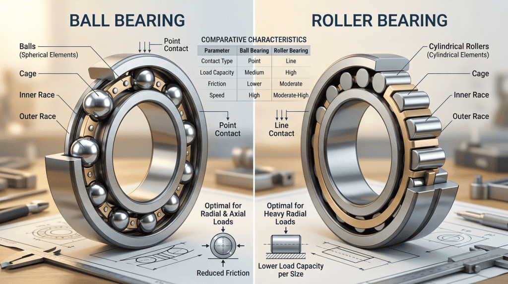 Infografis perbandingan struktur anatomi dan karakteristik teknis antara ball bearing dan roller bearing.