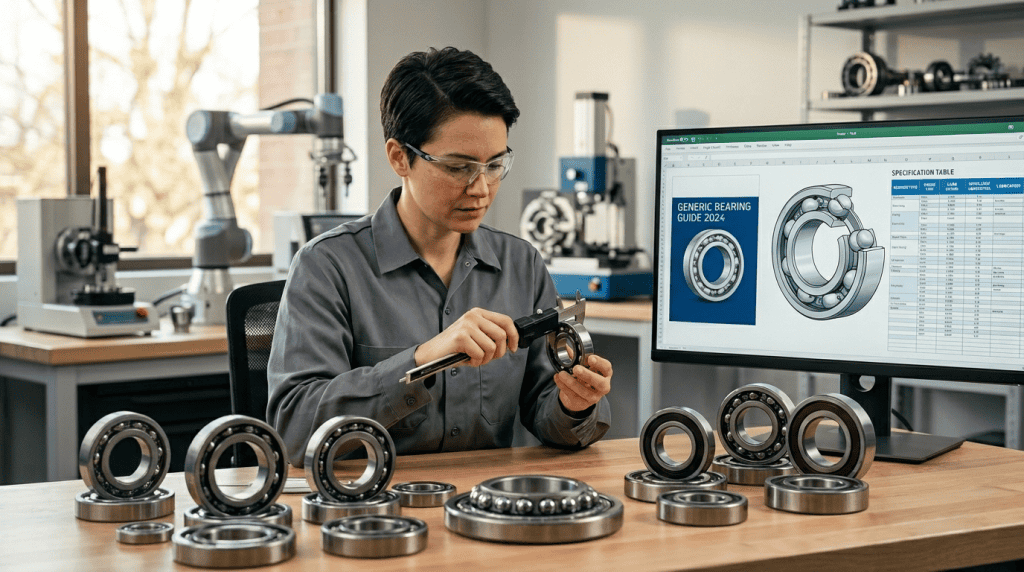 eknisi wanita mengukur dimensi inner ring ball bearing dengan jangka sorong digital di depan komputer spesifikasi.
