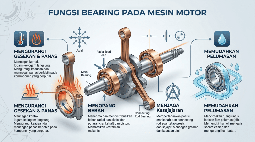 Infografis penjelasan fungsi bearing pada mesin motor dan perannya dalam mengurangi gesekan serta menopang beban.
