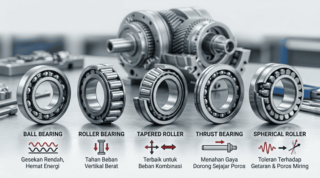 Panduan menentukan jenis bearing tepat berdasarkan fungsi ball bearing, roller bearing, tapered roller, thrust bearing, dan spherical roller.