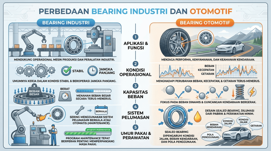 Infografis perbandingan antara bearing industri dan bearing otomotif yang mencakup perbedaan aplikasi, beban, sistem pelumasan, dan kebutuhan perawatan dari Djaja Harapan Makmur.