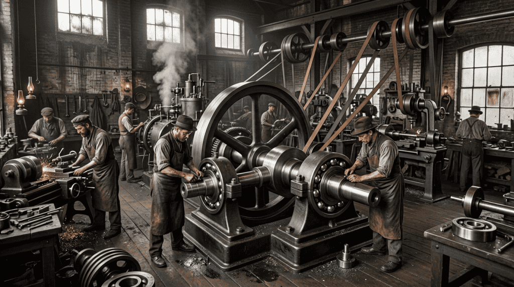 Ilustrasi pekerja pabrik era Revolusi Industri sedang memasang bearing pada mesin manufaktur mekanis untuk meningkatkan efisiensi produksi.