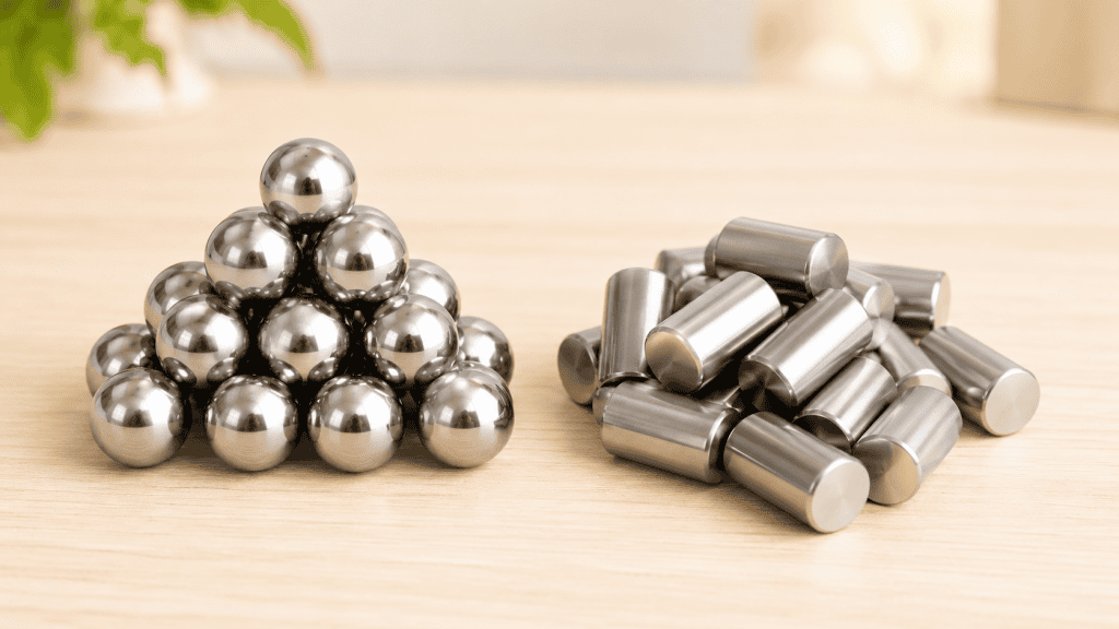 Berbagai jenis rolling elements bearing, termasuk bola baja dan roller silinder untuk mesin industri.