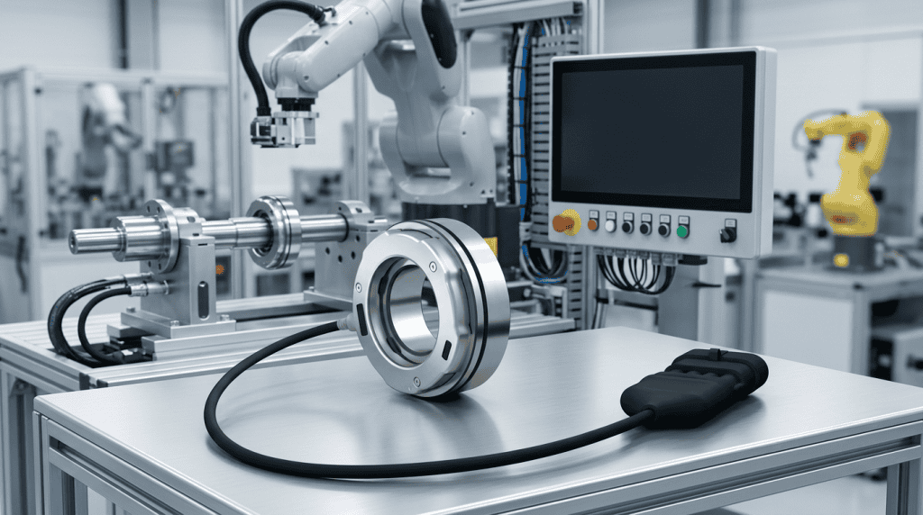Teknologi bearing pintar modern dengan sensor terintegrasi untuk pemantauan kondisi mesin industri di lingkungan otomasi.