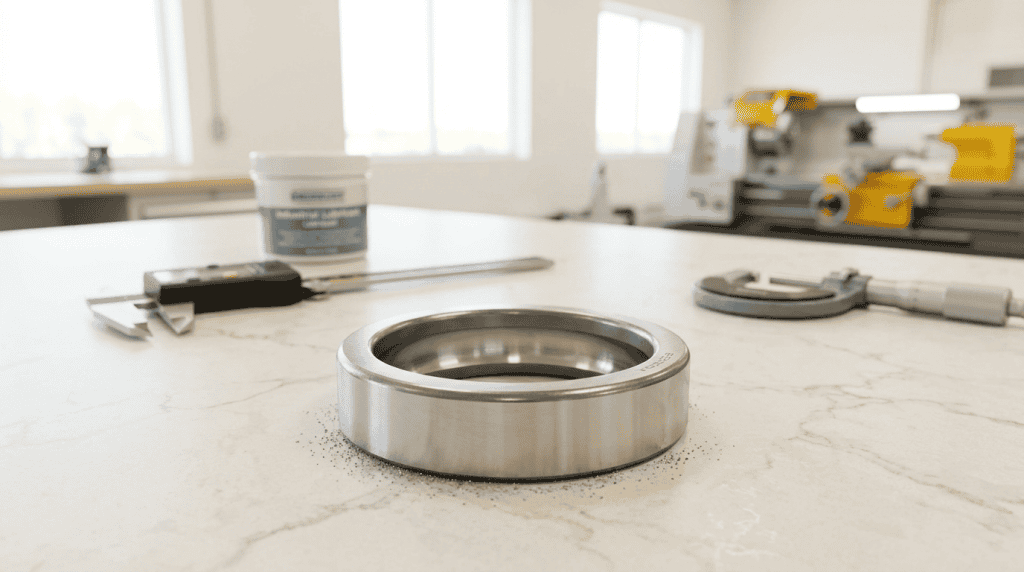 Komponen outer ring pada bearing industri yang sedang diukur di bengkel teknik.