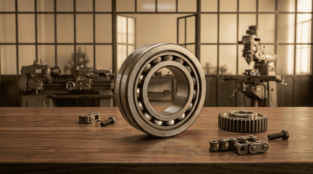 Close-up komponen bearing industri dan spare part mekanikal di atas meja kerja bengkel.