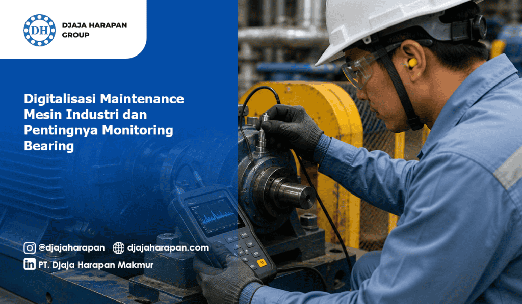 Teknisi melakukan digitalisasi maintenance mesin industri dan monitoring bearing menggunakan alat ukur digital di pabrik
