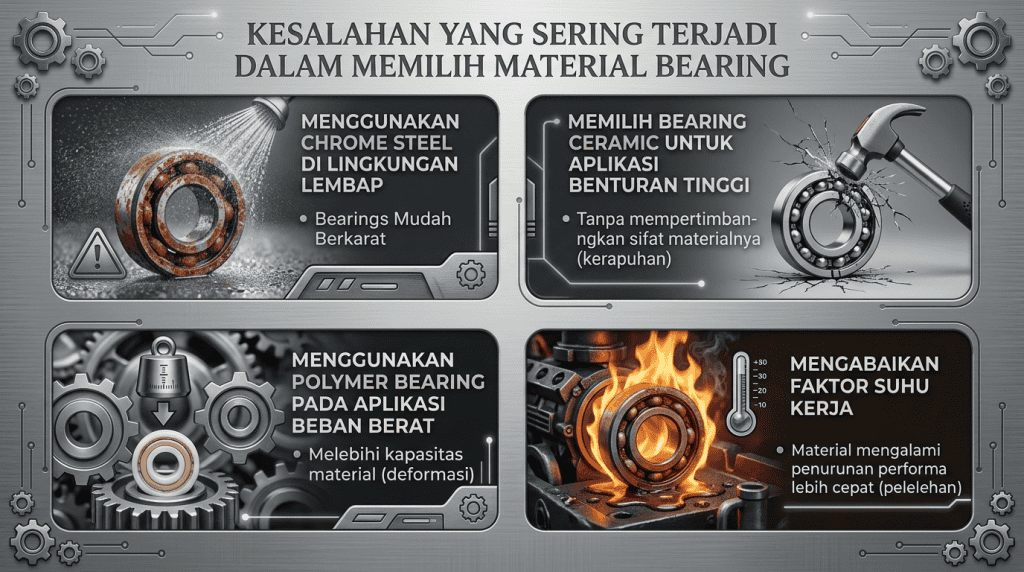 Infografis kesalahan umum dalam memilih material bearing industri, seperti pemilihan chrome steel, keramik, dan polimer yang tidak sesuai aplikasi.