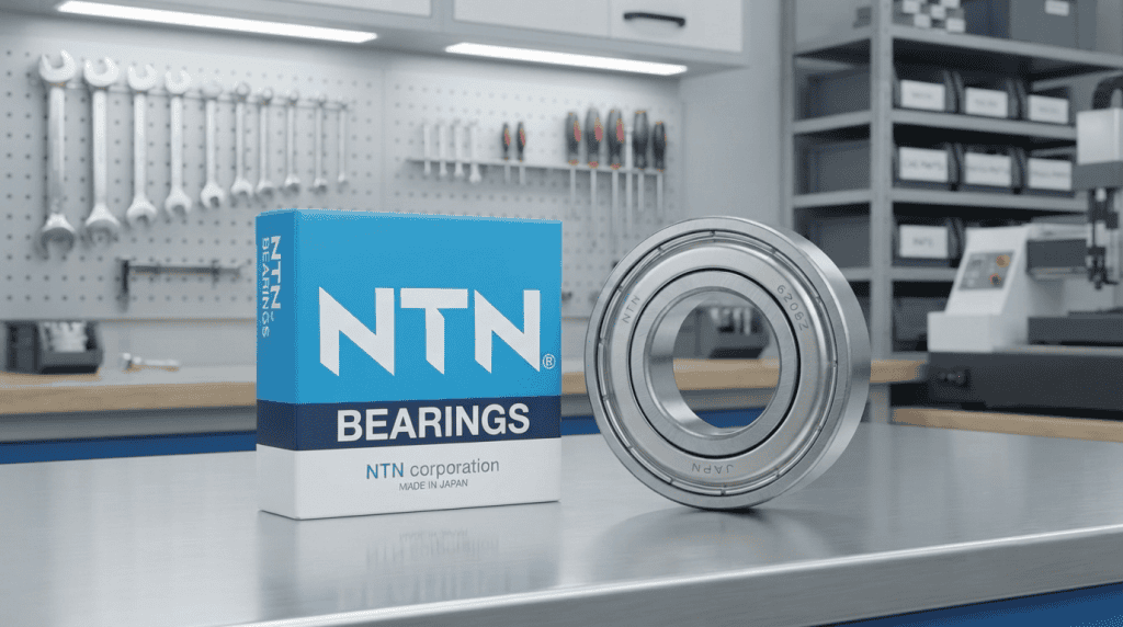 Produk bearing original NTN dengan kemasan resmi di atas meja kerja bengkel.