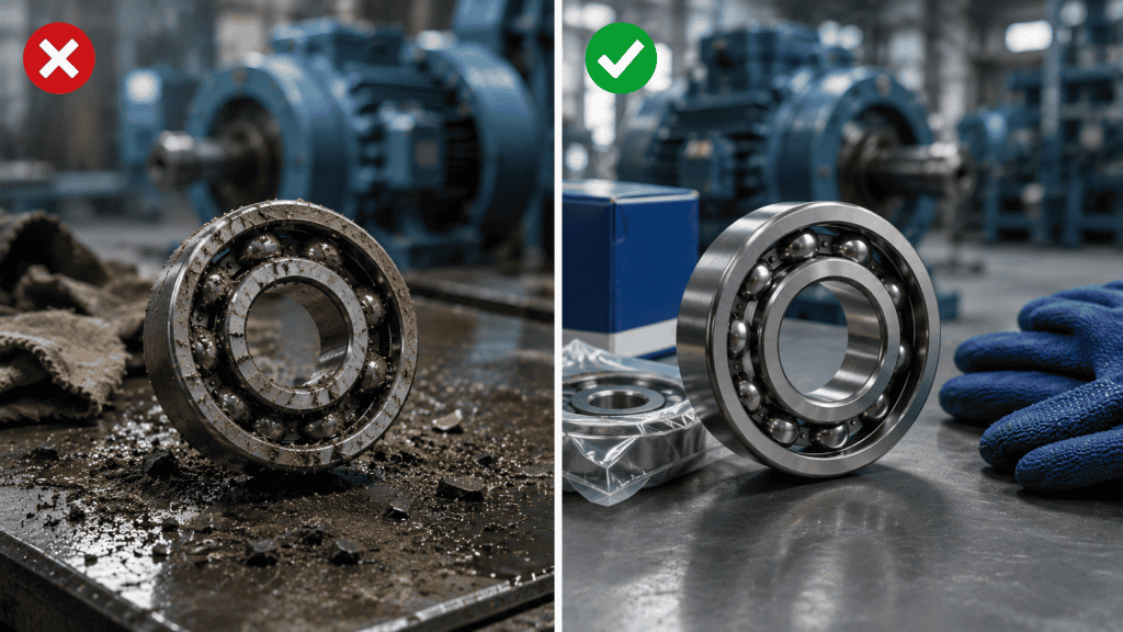 Perbandingan bearing kotor yang terkontaminasi dan bearing bersih untuk mencegah kerusakan mesin industri