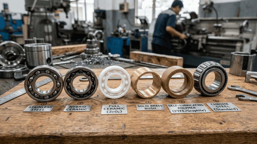 Berbagai jenis material bearing industri, mulai dari stainless steel, hybrid ceramic, hingga chrome steel yang tersedia di Djaja Harapan Group.