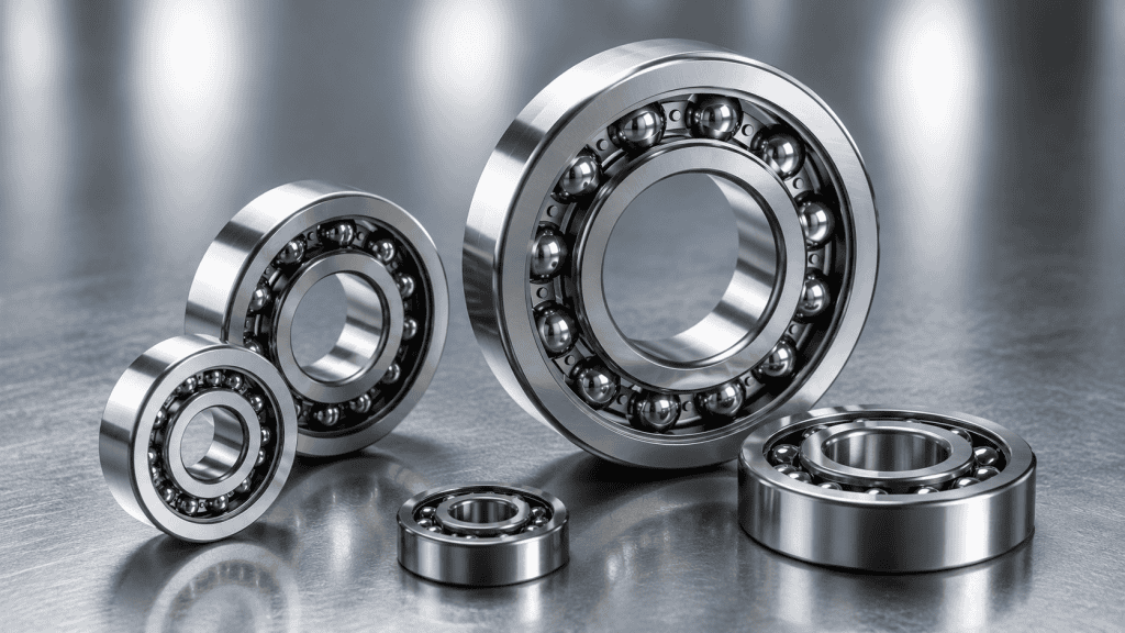 Kumpulan berbagai ukuran bearing material chrome steel berkualitas tinggi di atas permukaan logam industri.