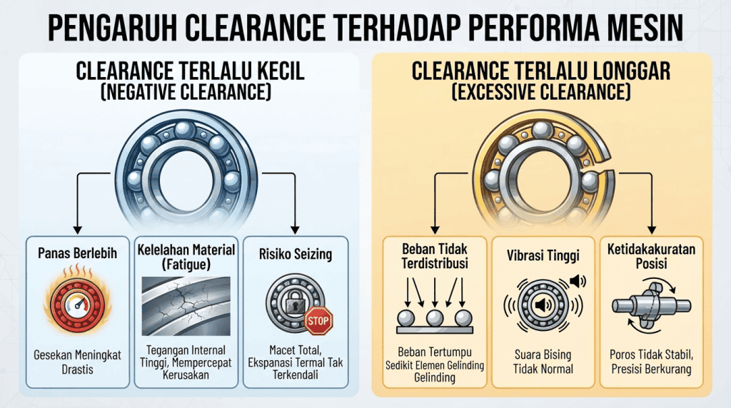 Infografis pengaruh clearance bearing terhadap performa mesin, membandingkan dampak negatif clearance terlalu kecil dan clearance terlalu longgar.
