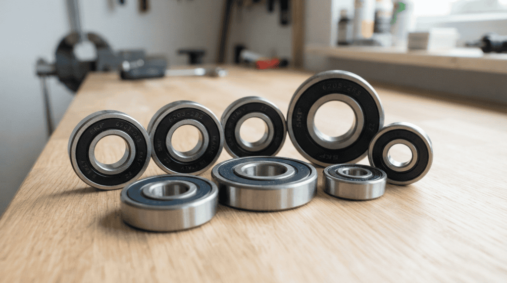 Kumpulan berbagai ukuran sealed bearing industri dari Djaja Harapan Group berjejer di atas meja kerja kayu.