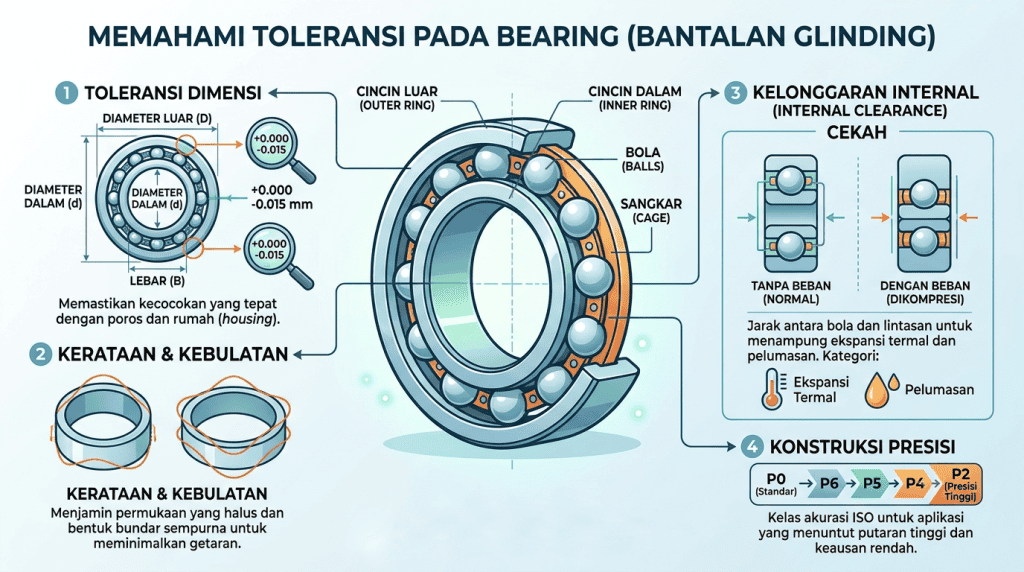 Infografis pentingnya toleransi bearing dan faktor yang mempengaruhinya, mencakup kinerja, masa pakai, keamanan, serta aspek teknis seperti fits, suhu, dan inspeksi.