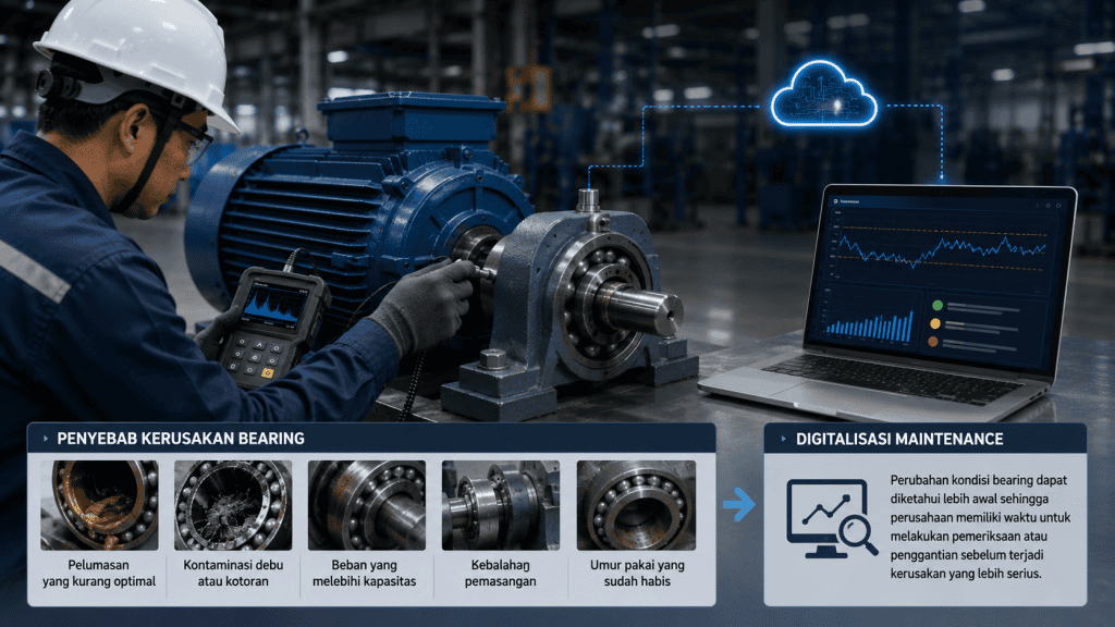 Ilustrasi digitalisasi maintenance industri, koneksi data bearing mesin ke cloud, serta faktor penyebab kerusakan bearing.