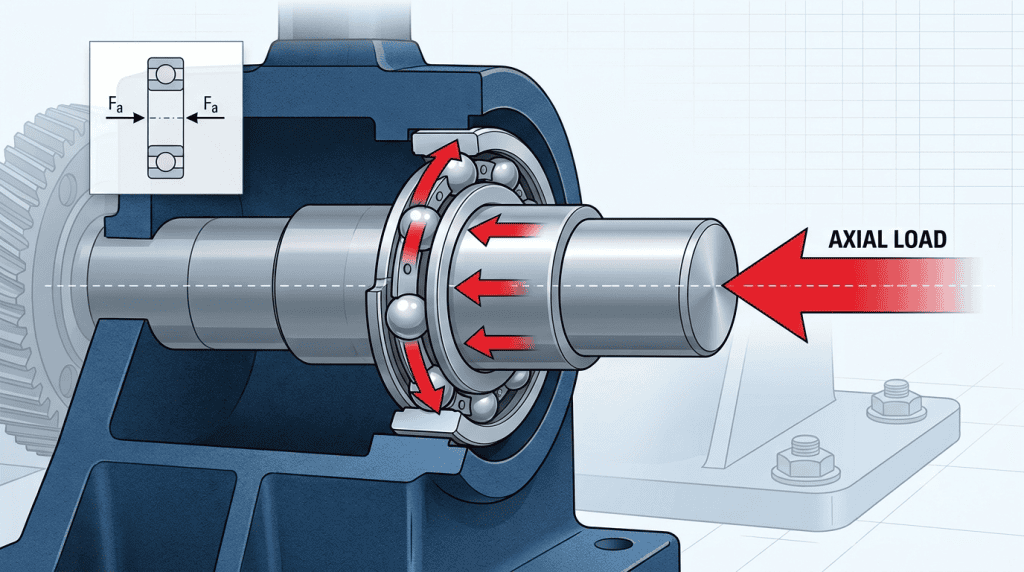 Ilustrasi teknis beban aksial (Axial Load) yang bekerja sejajar dengan sumbu poros pada sistem bearing industri.