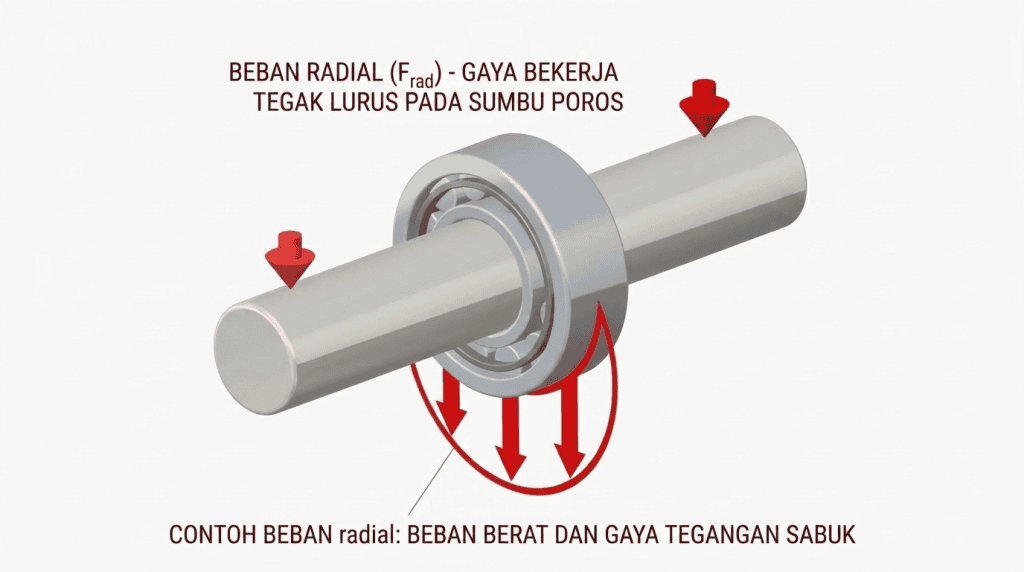 Ilustrasi teknis gaya beban radial (Frad) yang bekerja tegak lurus pada sumbu poros bearing industri.