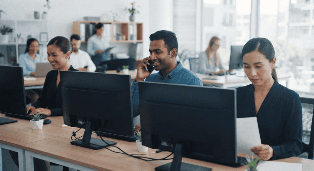 Tim layanan pelanggan yang berdedikasi sedang bekerja di kantor modern yang cerah, memberikan dukungan responsif melalui telepon dan komputer.
