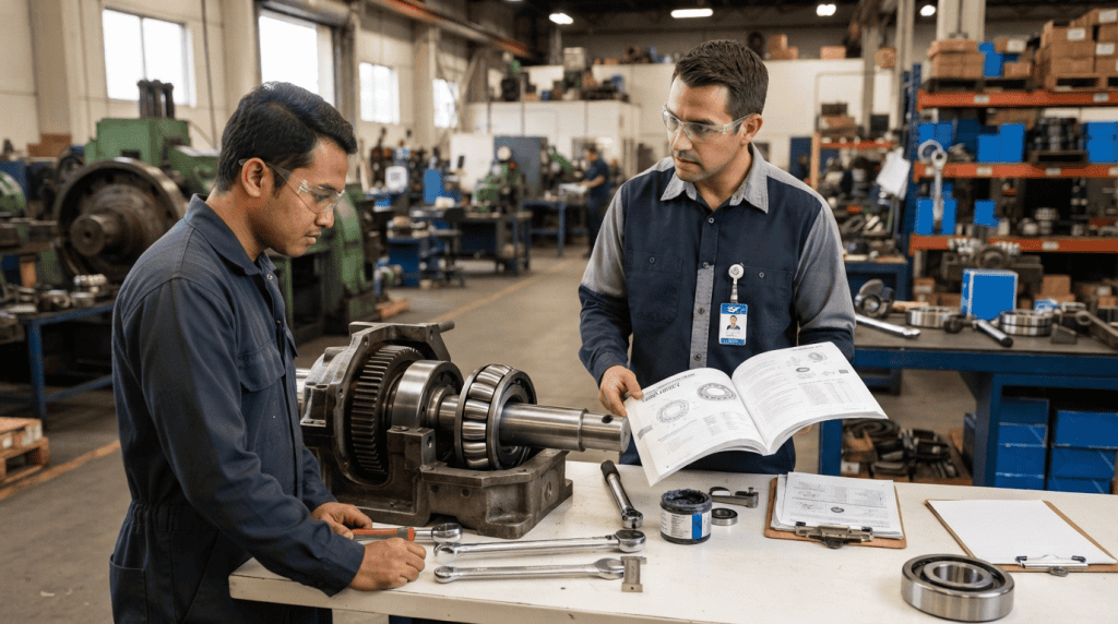 Tim teknisi profesional sedang memberikan konsultasi teknis dan dukungan produk bearing di fasilitas Djaja Harapan Makmur.