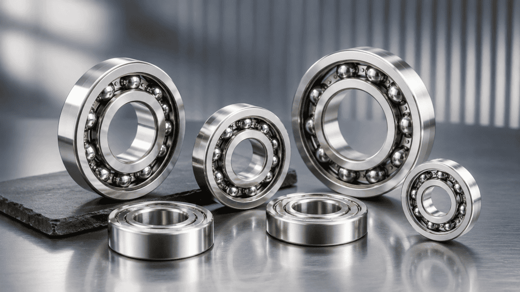 Kumpulan bearing material stainless steel anti karat dengan berbagai ukuran untuk kebutuhan industri.