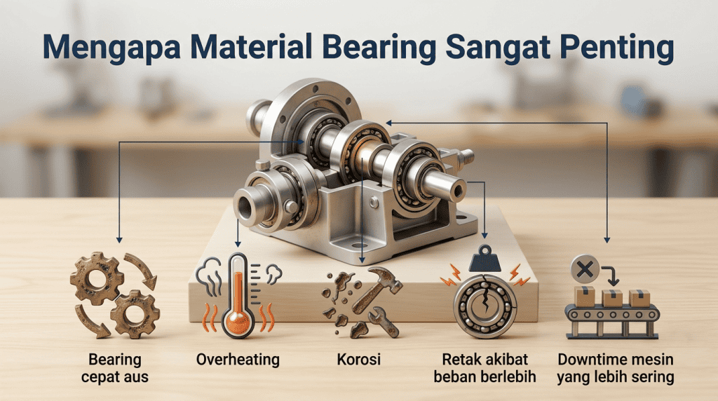 Infografis masalah kerusakan bearing industri akibat pemilihan material yang salah, mulai dari overheating hingga downtime mesin.